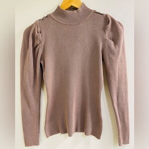 Tahari Taupe Ribbed Knit Sweater with Pleated Shoulder Size Small